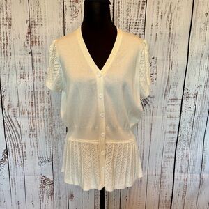 Feminine Soft Girl Casual V Neck Short Sleeve Button down Cream Sweater Sz L